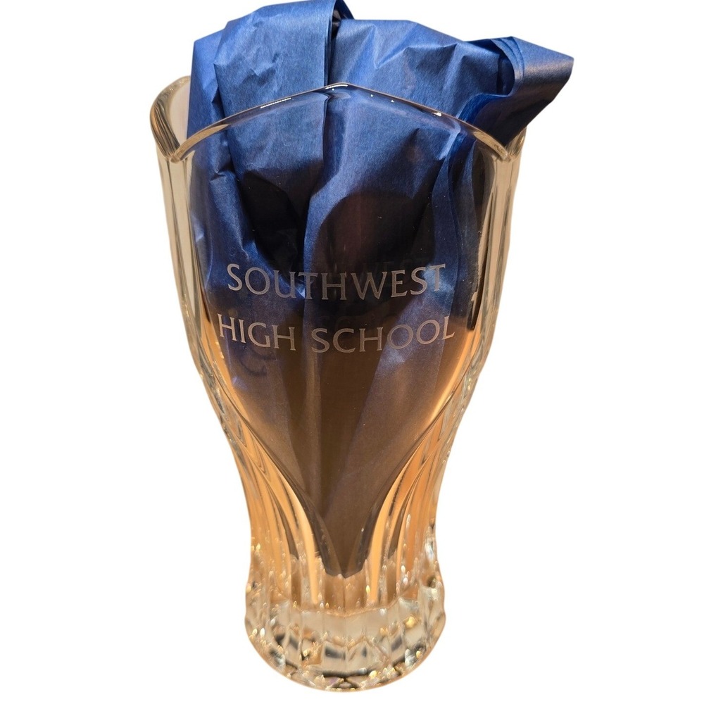 Southwest High School Engraved Cut Glass Vase 8" x 4" Heavy about 2.5 pounds VTG